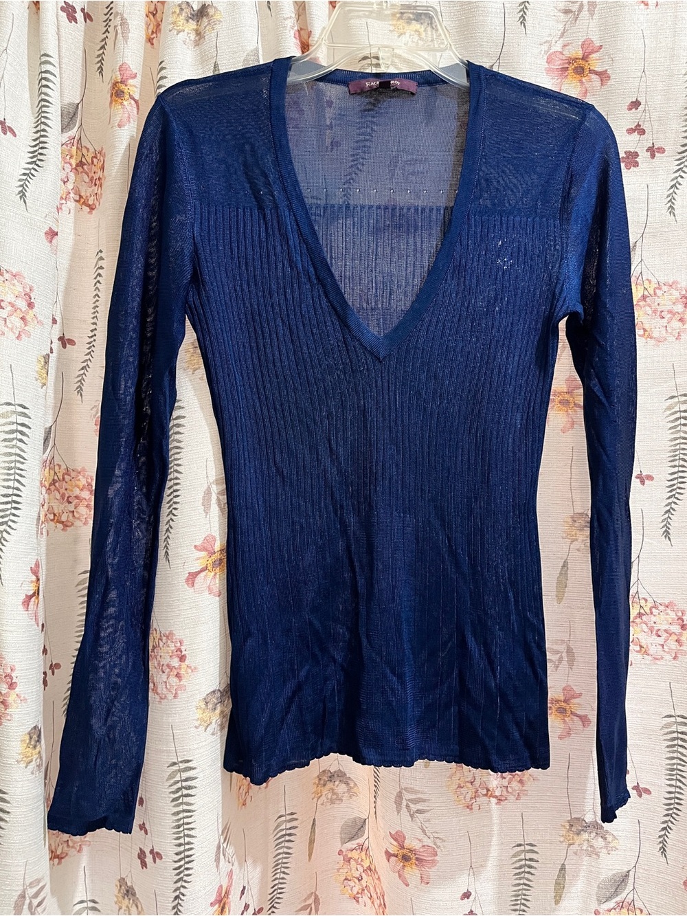 RACHEL Rachel Roy Deep V-Neck Navy Ribbed Sheer Long Sleeve Top